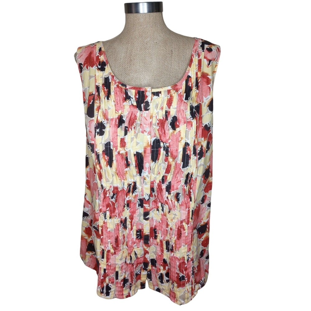 BASIC EDITIONS Blouse Women's Sz 3X Multicolor Sleeveless Pleated Button Up EUC